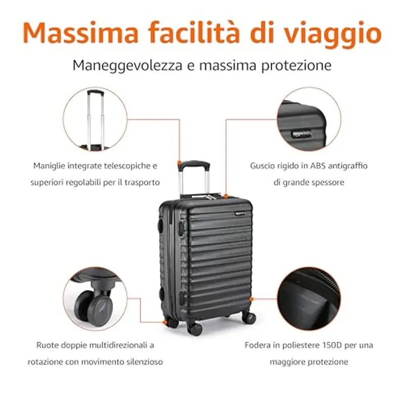Amazon Basics Trolley rigido utilizzabile come bagaglio a mano, approvato da Ryanair e dalla maggior parte delle altre compagnie aree low cost, 55 x 40 x 20 cm, nero miniatura 2