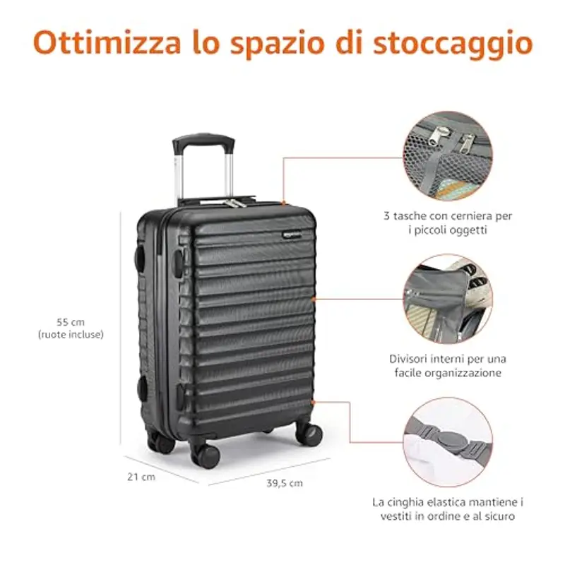 Amazon Basics Trolley rigido utilizzabile come bagaglio a mano, approvato da Ryanair e dalla maggior parte delle altre compagnie aree low cost, 55 x 40 x 20 cm, nero miniatura 3