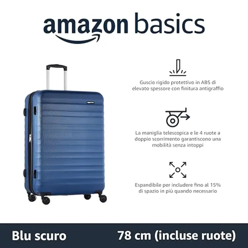 Amazon Basics Valigia da Cabina Rigida Espandibile, Trolley Bagaglio a Mano in ABS, con 4 Ruote Girevoli, 55 cm, Blu Marino miniatura 2