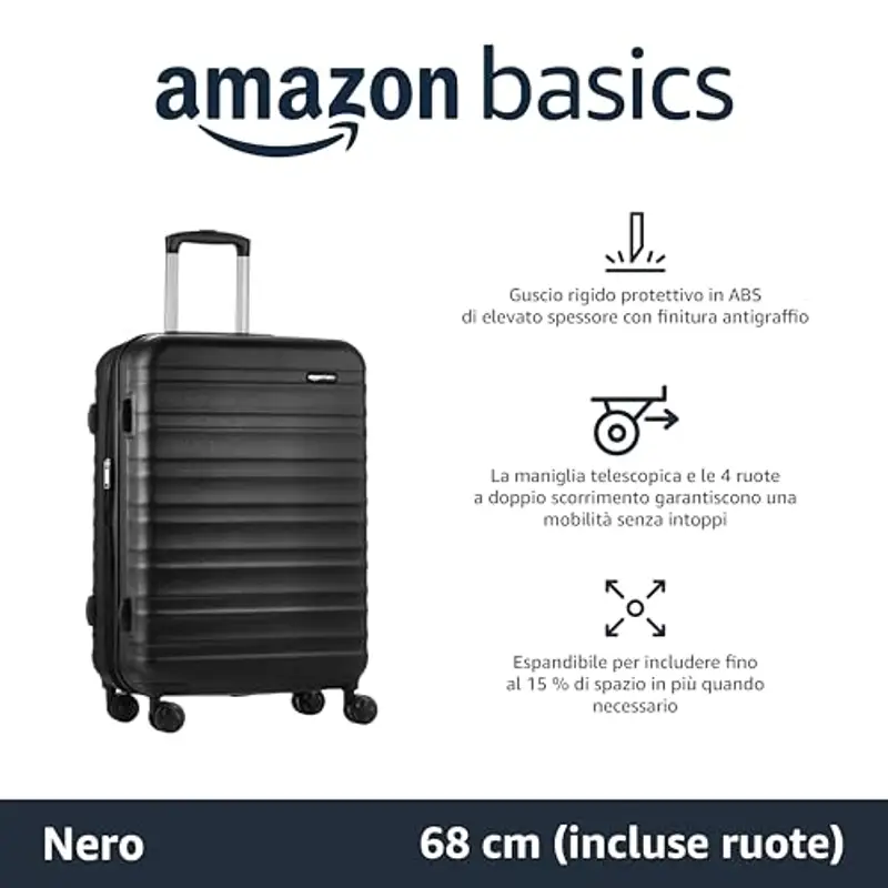 Amazon Basics - Valigia Trolley rigido con rotelle girevoli, 68 cm, Nero miniatura 2