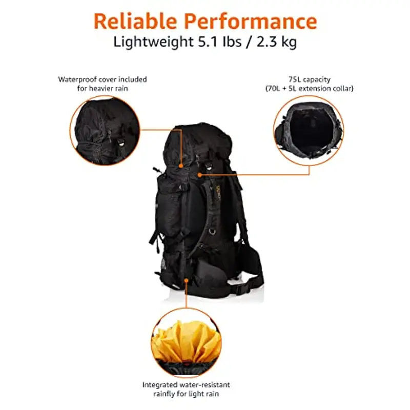 Amazon Basics Zaino da escursionismo con telaio interno e cerniera antipioggia, 75 L, Nero miniatura 3