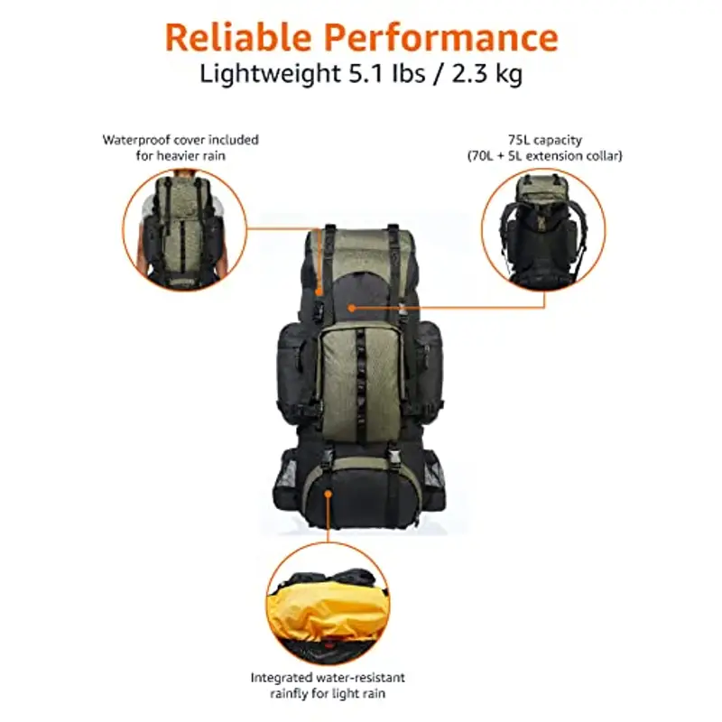 Amazon Basics Zaino da escursionismo con telaio interno e cerniera antipioggia, 75 L, Verde miniatura 3