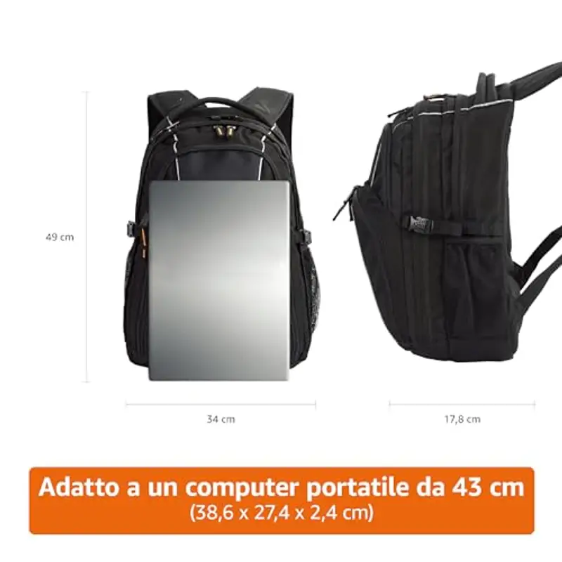 Amazon Basics Zaino per laptop con spallacci imbottiti e scomparti per tenere in ordine penne, chiavi, cellulare, adatto per la maggior parte dei computer da, Nero, 17-Pollici, 43 cm miniatura 2