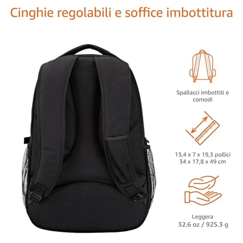 Amazon Basics Zaino per laptop con spallacci imbottiti e scomparti per tenere in ordine penne, chiavi, cellulare, adatto per la maggior parte dei computer da, Nero, 17-Pollici, 43 cm miniatura 3