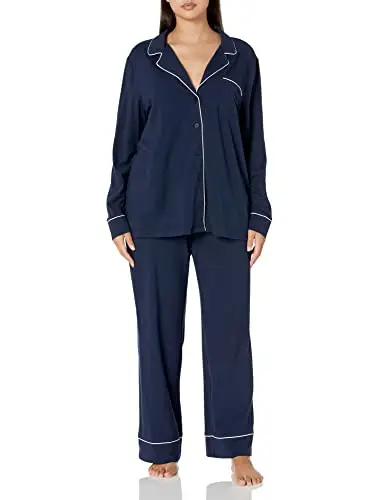 Amazon Essentials Camicia a Maniche Lunghe in Modal di Cotone e Pigiama a Tutta Lunghezza Donna, Blu Marino, M