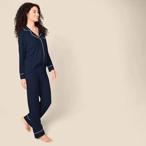 Amazon Essentials Camicia a Maniche Lunghe in Modal di Cotone e Pigiama a Tutta Lunghezza Donna, Blu Marino, M miniatura 2