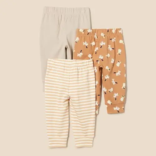 Amazon Essentials Pantaloni Senza Chiusura in Cotone Unisex Bimbi, Pacco da 3, Grigio Talpa/Lion E Pony/Righe, 0 miniatura 2