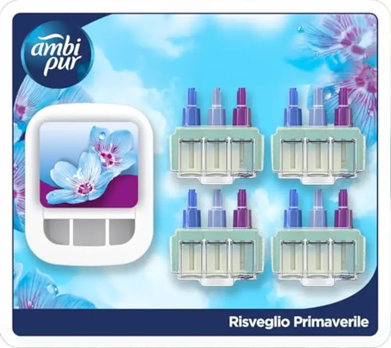 Ambi Pur 3Volution Starter Kit Diffusore Elettrico Profumatore Per Ambienti Programma Intelligente + Ricariche 80ml Risveglio Primaverile, 3 Fragranze Che Si Alternano Per Combattere Gli Odori