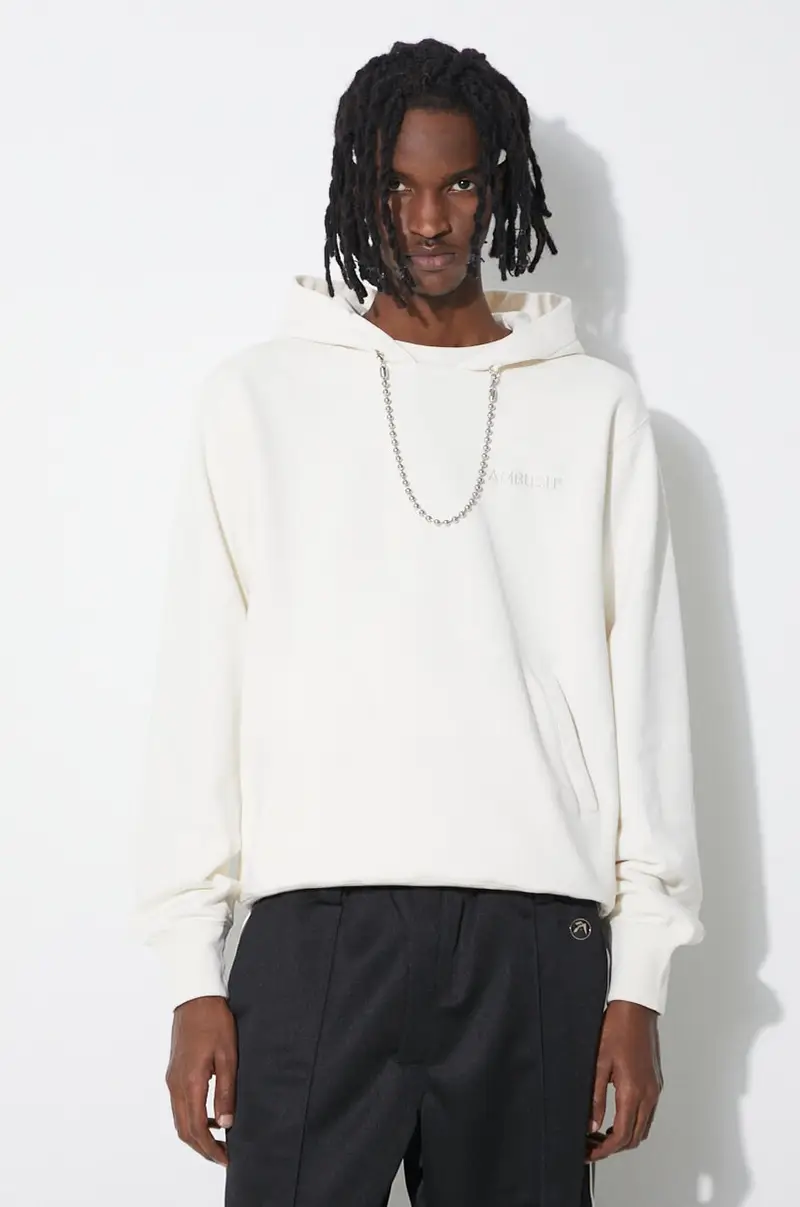 felpa in cotone Ballchain uomo colore beige con cappuccio con applicazione BMBB001S24FLE