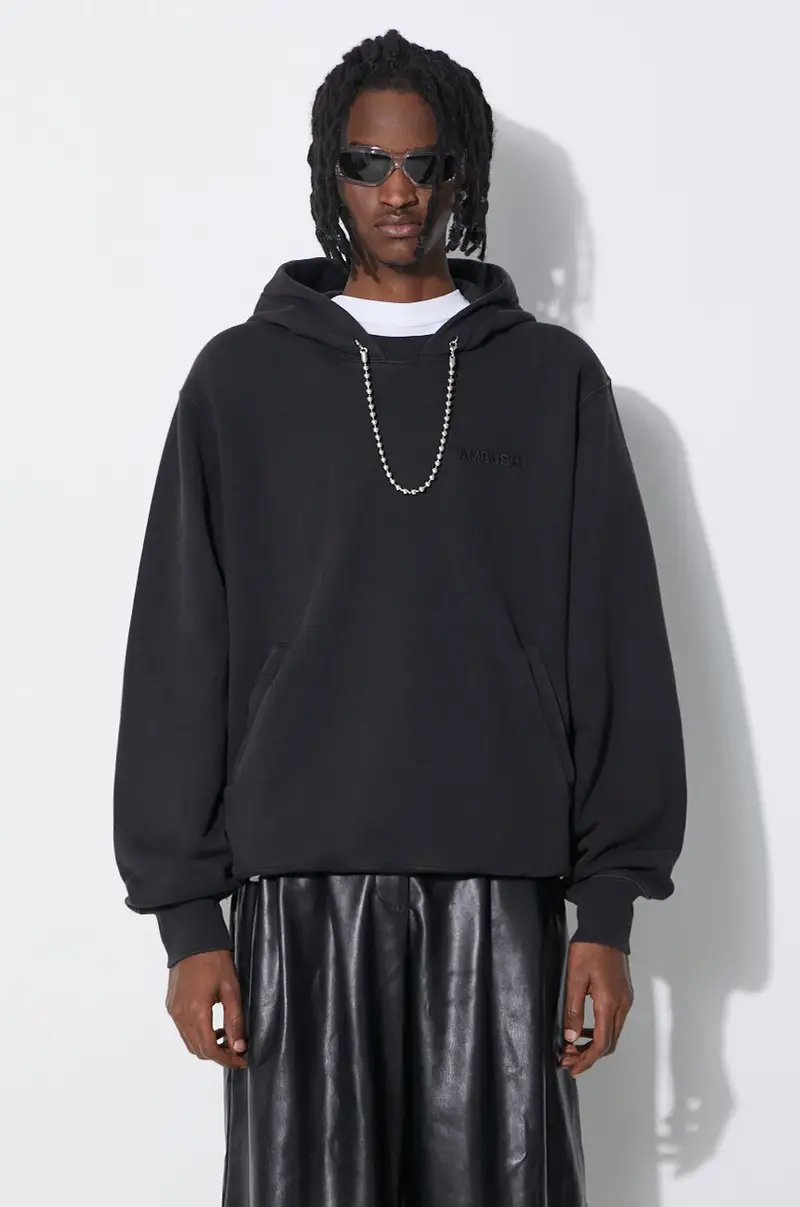 felpa in cotone Ballchain uomo colore nero con cappuccio con applicazione BMBB001S24FLE