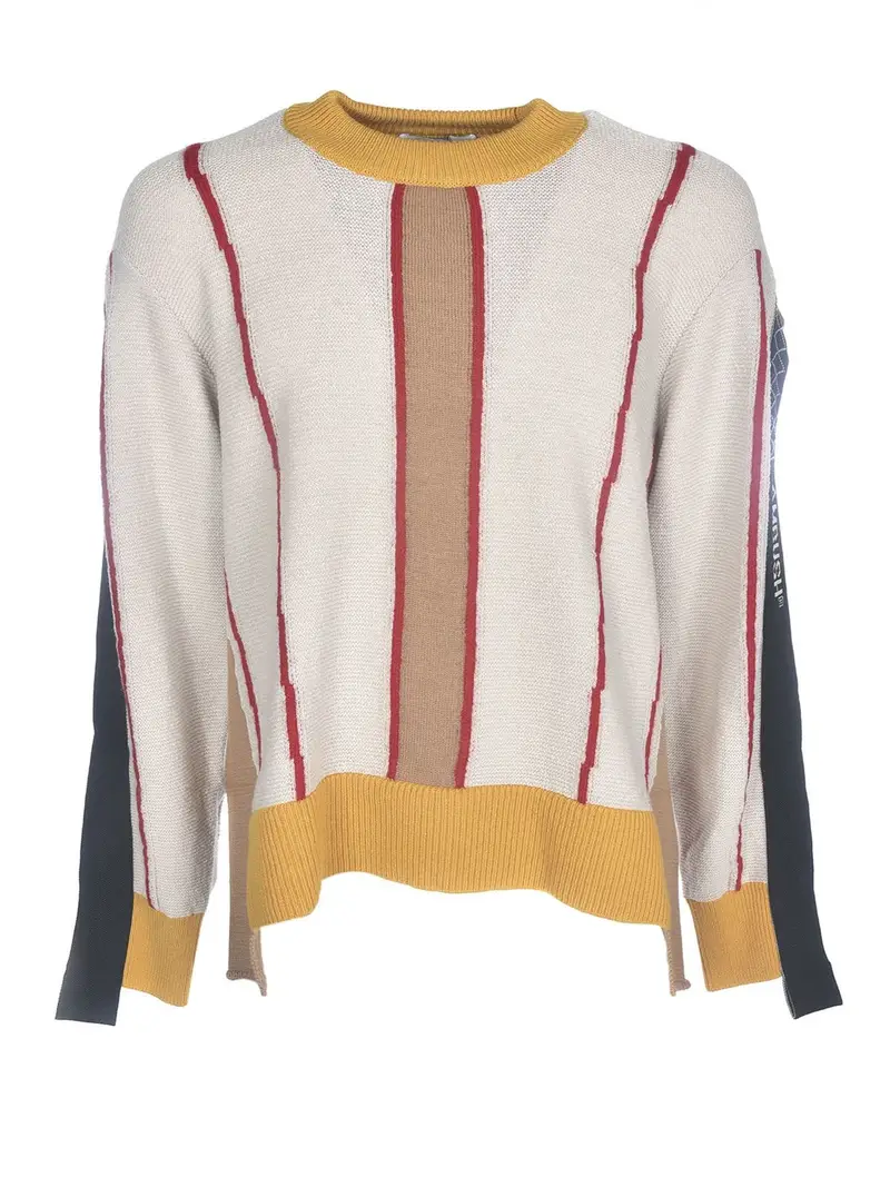 Pullover beige con intarsi multicolor