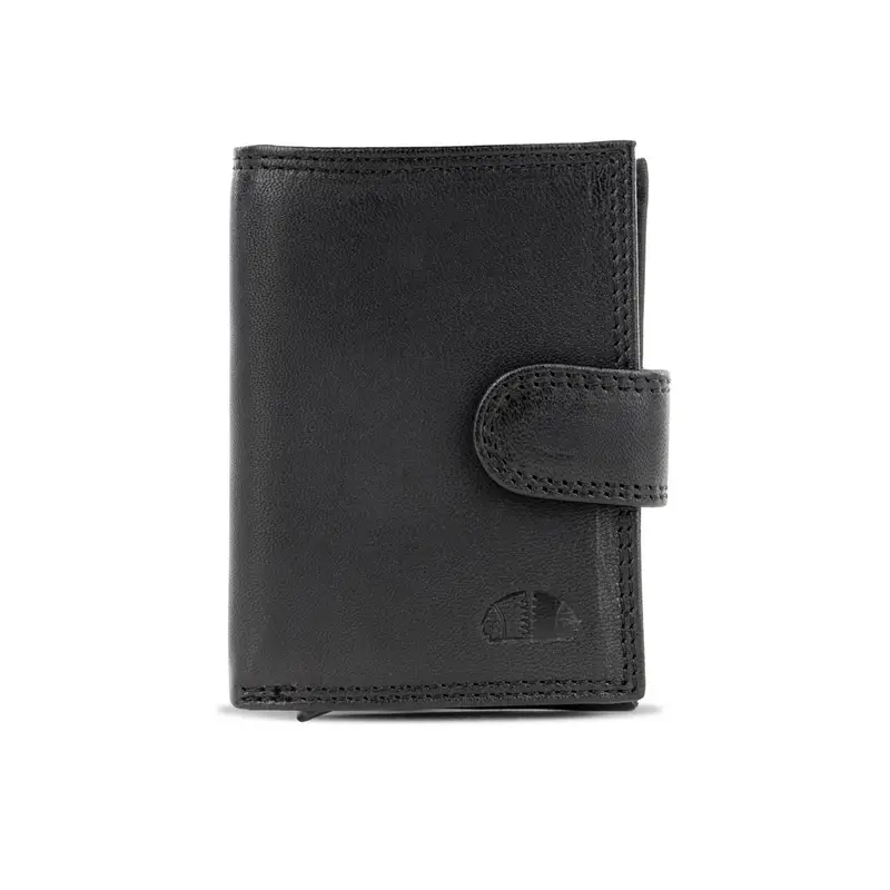 Portafoglio nero da uomo con logo e chiusura con bottone