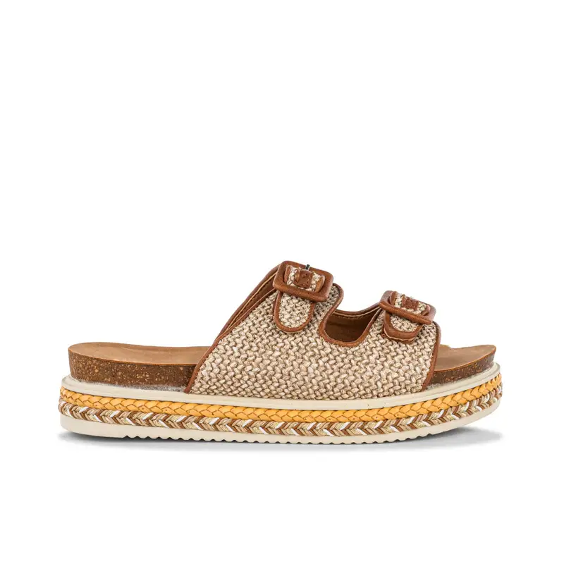 Sandali beige da donna con suola platform effetto sughero e doppia fibbia