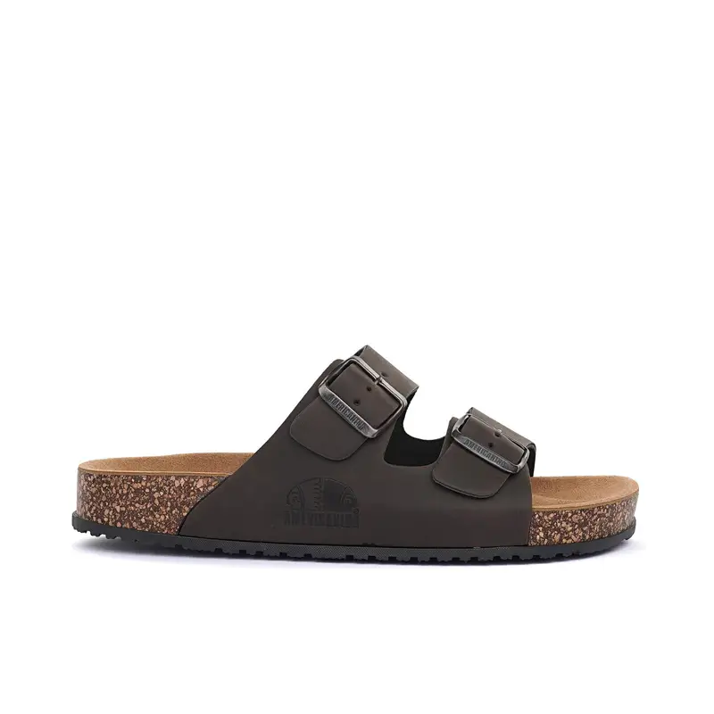 Sandali marroni con doppia fibbia e fondo effetto sughero