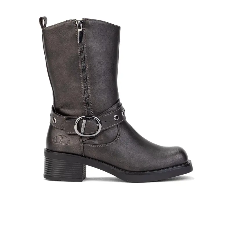 Stivali marroni biker con tacco basso largo e fibbie