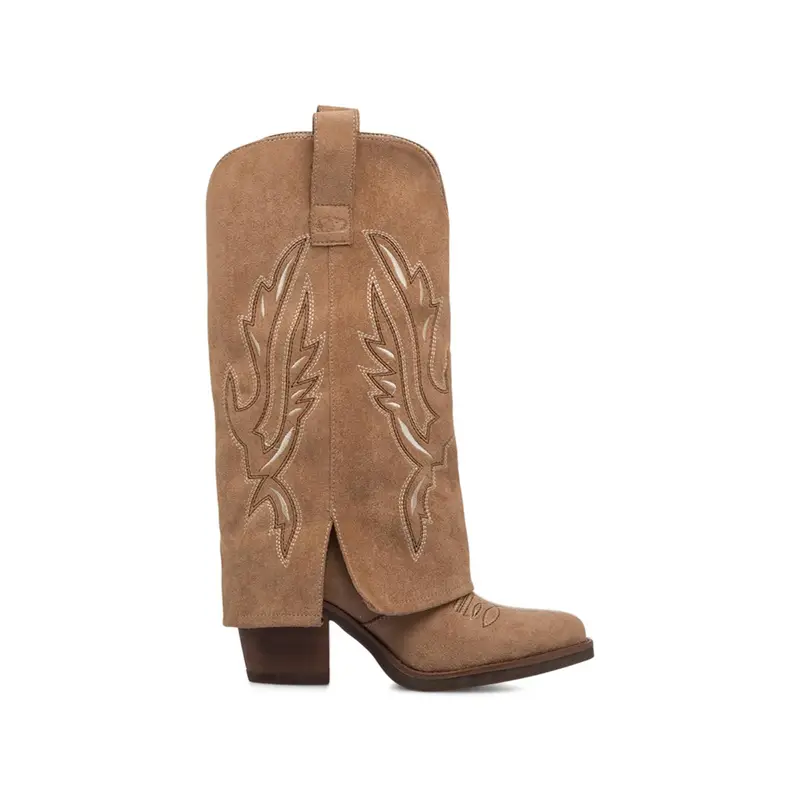 Stivali texani beige da donna con tacco e gambale ricamato