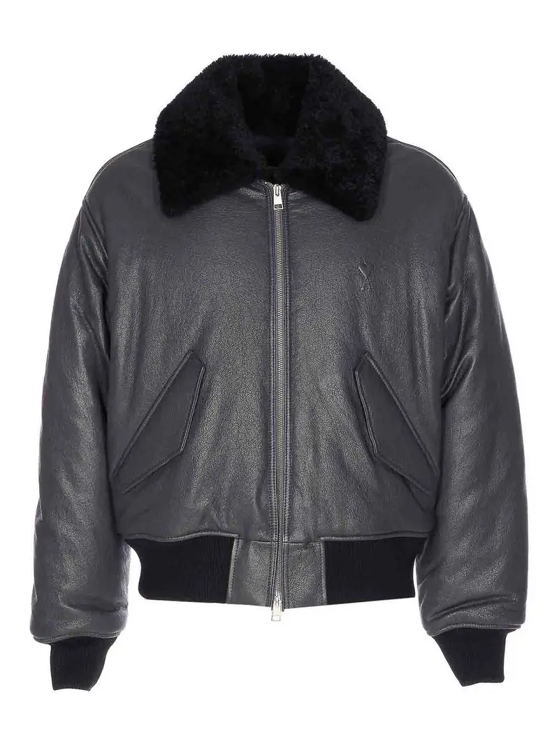 Chiusura a zip Bomber in pelle nera Grigio