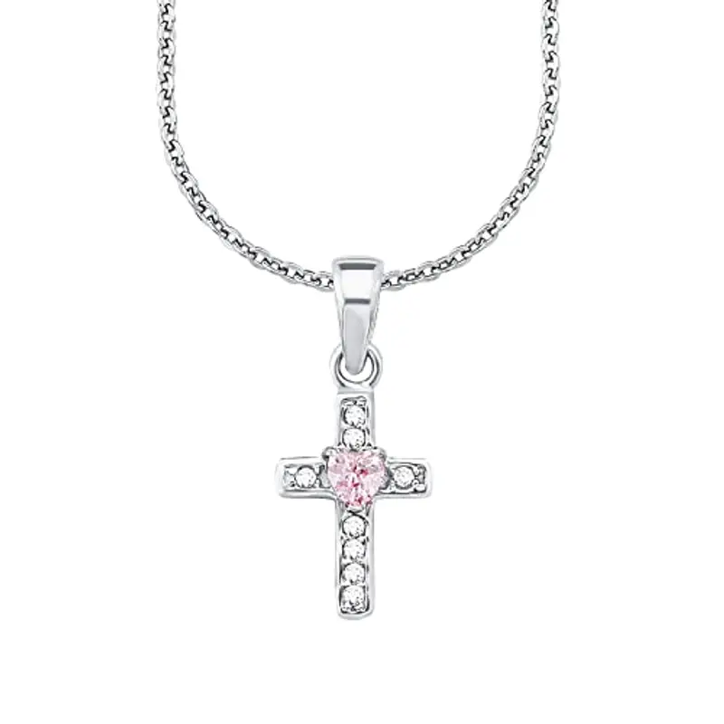 amor Collana con Ciondolo in Argento 925 per bambina, con zirconi sintetici, 35+3 cm, Argento, croce, Viene fornita in confezione regalo per gioielli