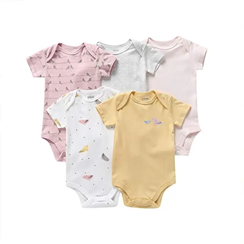 amropi 5 Pezzi Body Bambino a Manica Corta Pagliaccetto Pigiami di Cotone Neonato Tutina Set Giallo/Bianco/Rosa, 12-18 Mesi