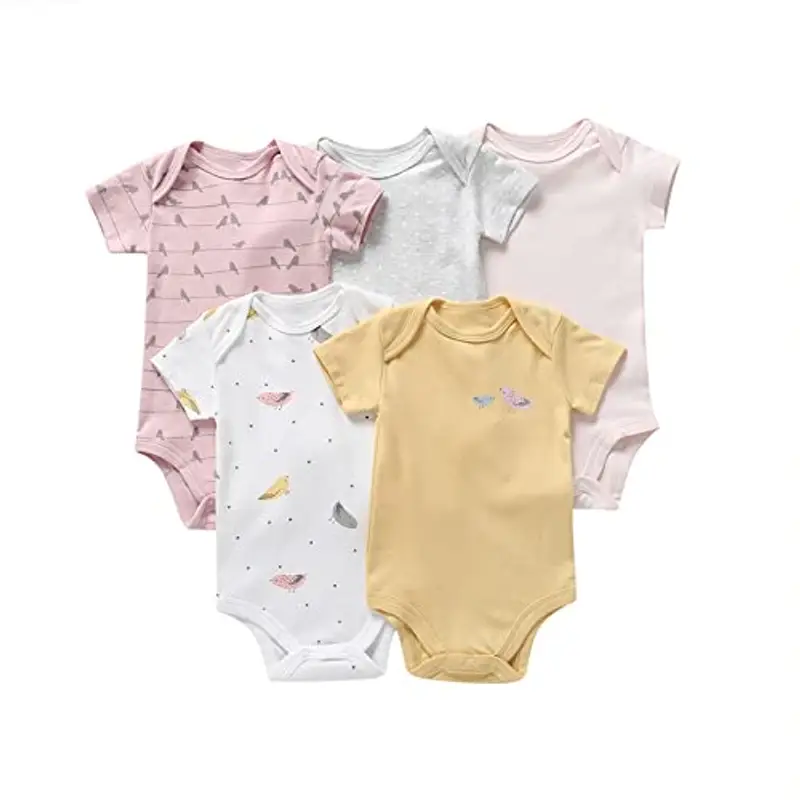 amropi 5 Pezzi Body Bambino a Manica Corta Pagliaccetto Pigiami di Cotone Neonato Tutina Set Giallo/Bianco/Rosa, 12-18 Mesi miniatura 2