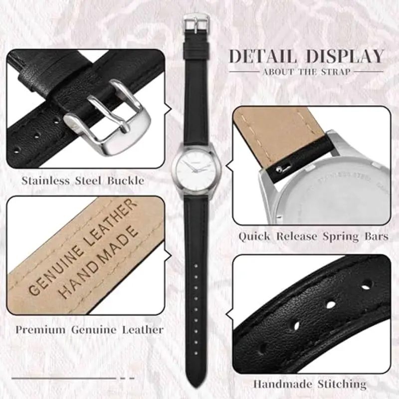 Anbeer 12mm piatto sottile elegante cinturino in vera pelle, cinturino di ricambio a sgancio rapido, nero con fibbia miniatura 3