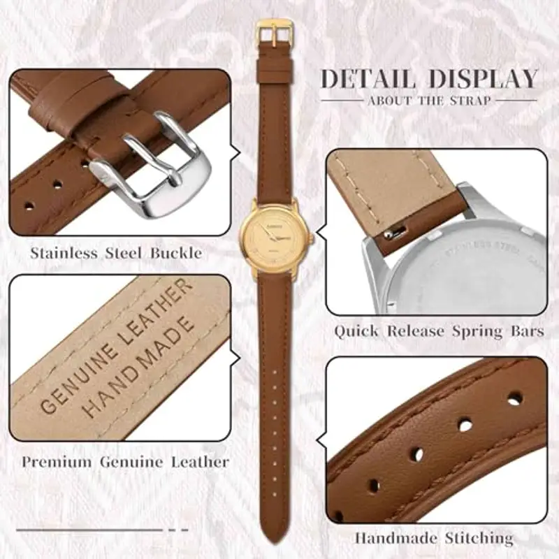 Anbeer 14mm cinturino piatto e sottile in vera pelle, cinturino di ricambio a sgancio rapido, marrone con fibbia argentata miniatura 3