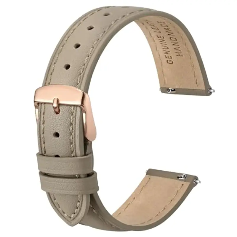 Anbeer 18mm cinturino piatto e sottile in vera pelle,cinturino di ricambio a sgancio rapido,kaki chiaro con fibbia oro