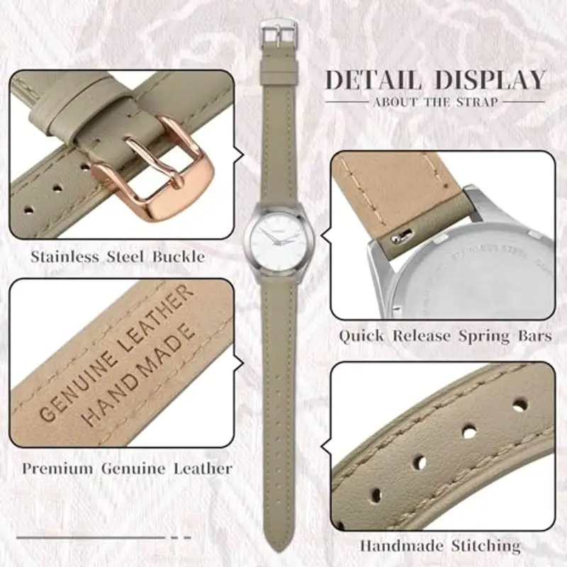 Anbeer 18mm cinturino piatto e sottile in vera pelle, cinturino di ricambio a sgancio rapido, kaki chiaro con fibbia oro miniatura 3