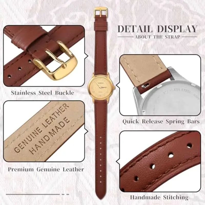 Anbeer 18mm cinturino piatto e sottile in vera pelle, cinturino di ricambio a sgancio rapido, rosso mattone con fibbia miniatura 3