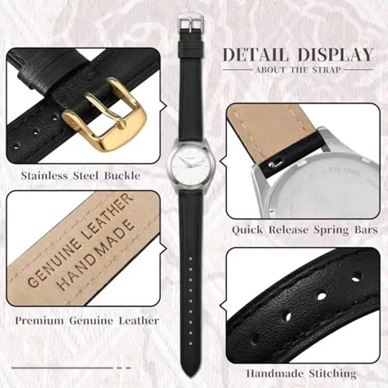 Anbeer 18mm piatto sottile elegante cinturino in vera pelle, cinturino di ricambio a sgancio rapido, nero con fibbia miniatura 3