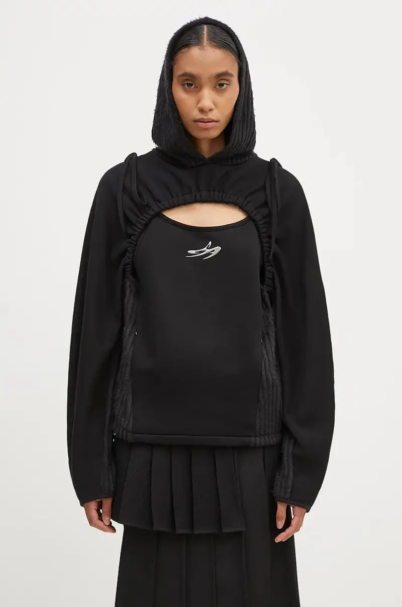 felpa Essential Cut Out Shirring Hoodie donna colore nero con cappuccio atb1193w