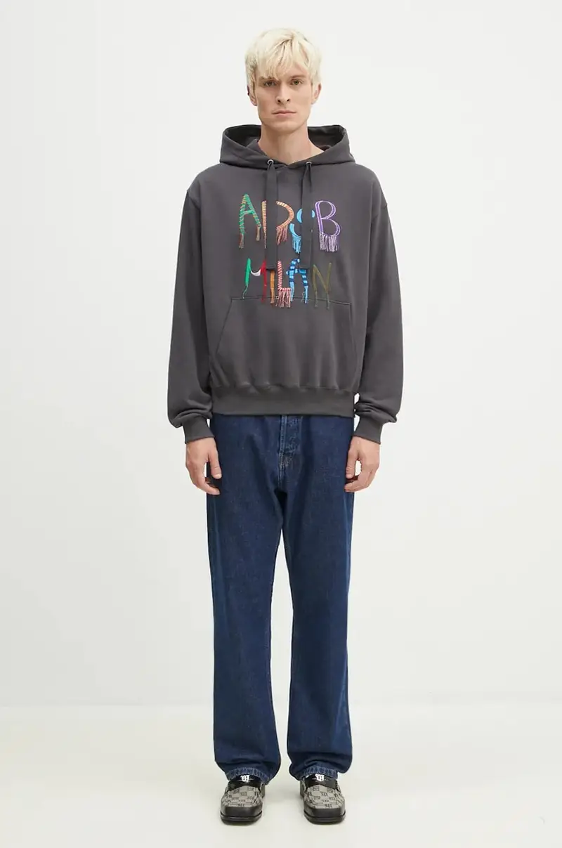 felpa in cotone Milan Embroidery colore grigio con cappuccio con applicazione atb1148u