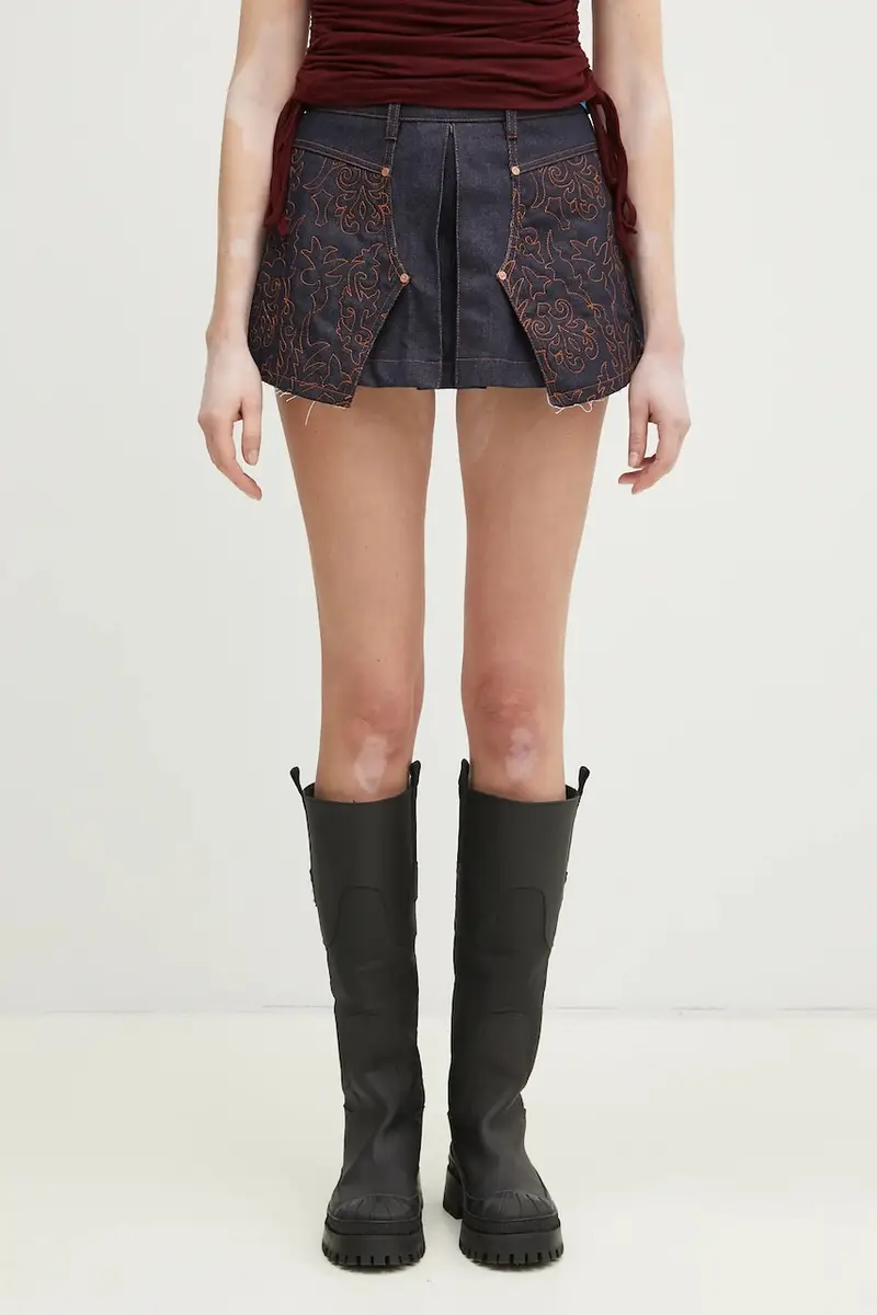 gonna di jeans Embroidery Panel Pleated Denim colore blu navy apa795w