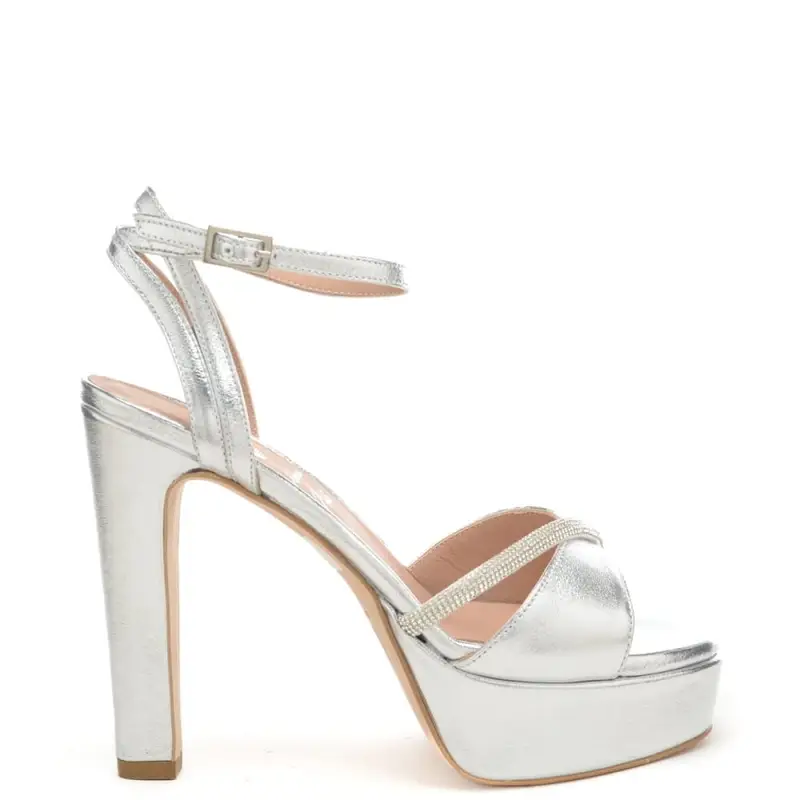 sandali alti da donna fascia tubolare con strass e tacco a cono argento