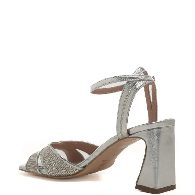Andrea Pinto sandali da donna con tacco a blocco curvo e strass sul davanti argento miniatura 3