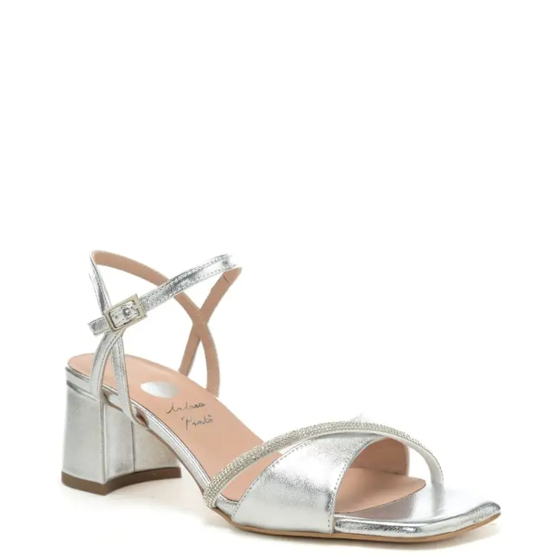 sandali da donna con tacco a blocco, fascia e strass argento miniatura 2