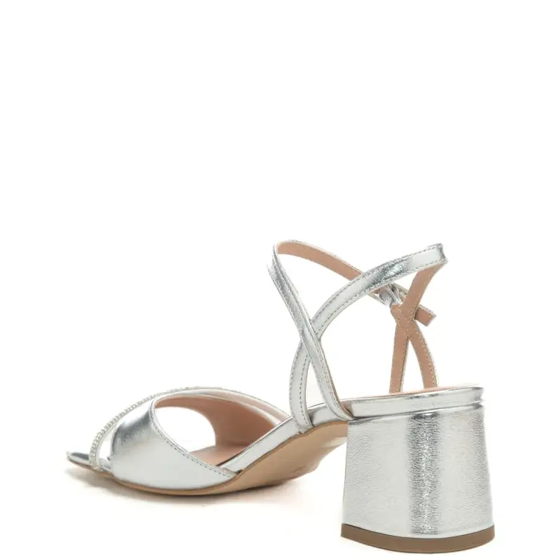 sandali da donna con tacco a blocco, fascia e strass argento miniatura 3