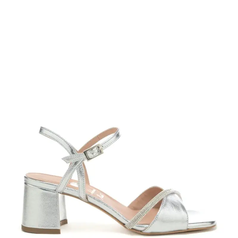 sandali da donna con tacco a blocco, fascia e strass argento