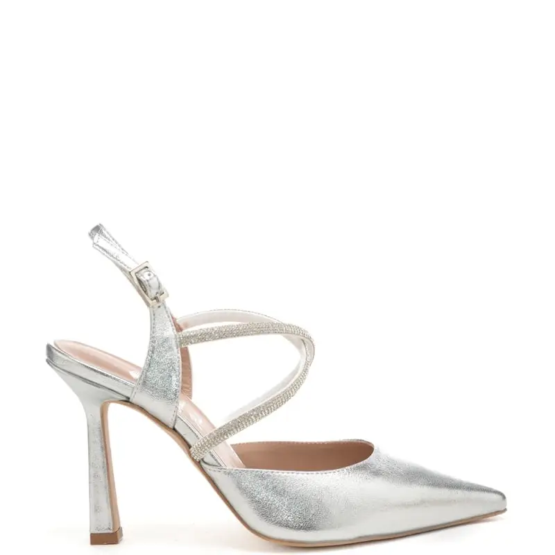 scarpe alte da donna chanel con fasce tubolari a incrocio con micro strass argento