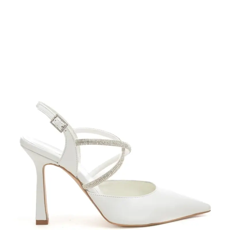 scarpe alte da donna chanel con fasce tubolari a incrocio con micro strass bianco perlato