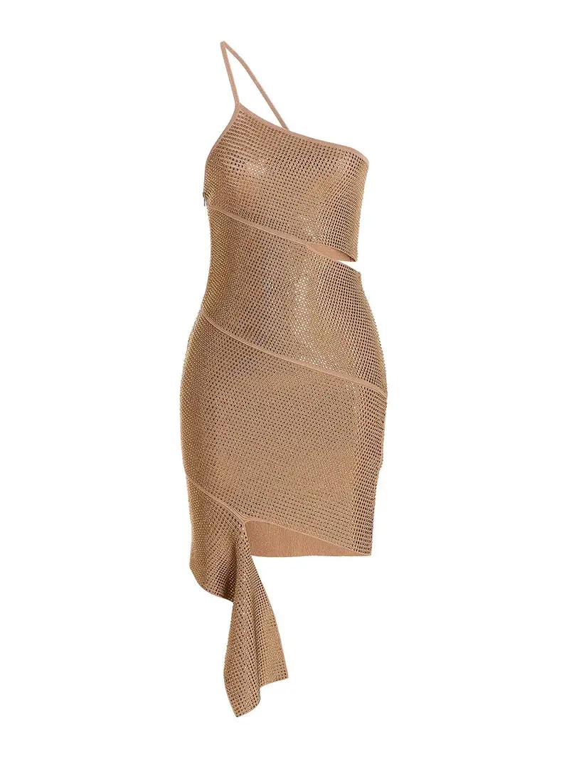 Abito monospalla con paillettes Beige