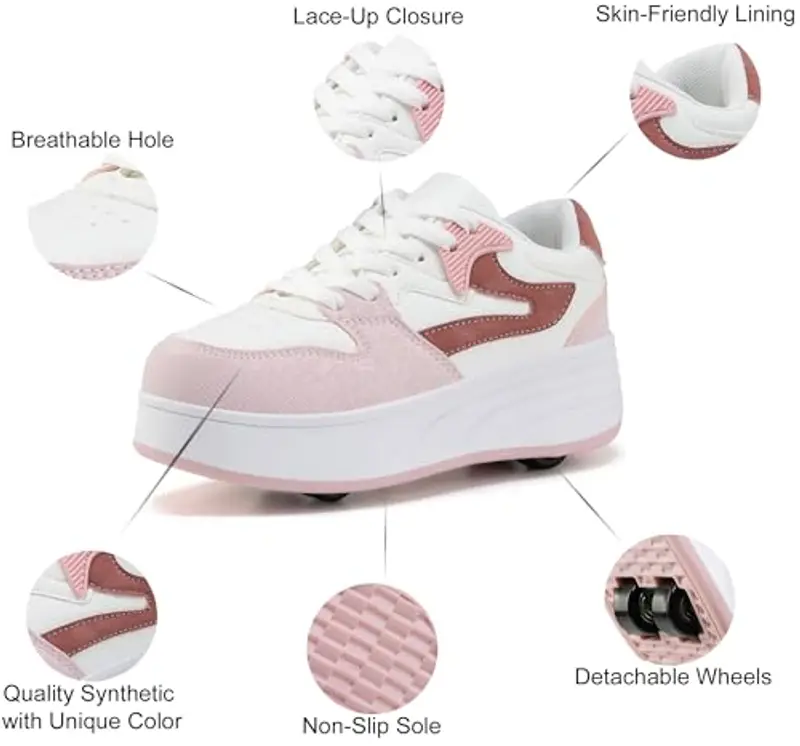 ANEFUN Pattini a rotelle per bambini ragazzi ragazze Sneakers con ruote rimovibili Scarpe sportive, Colore: rosa., 31 EU miniatura 3