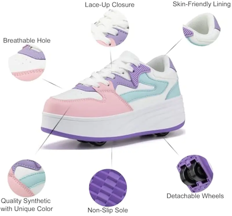 ANEFUN Pattini a rotelle per bambini ragazzi ragazze Sneakers con ruote rimovibili Scarpe sportive, Lilla, 39 EU miniatura 3
