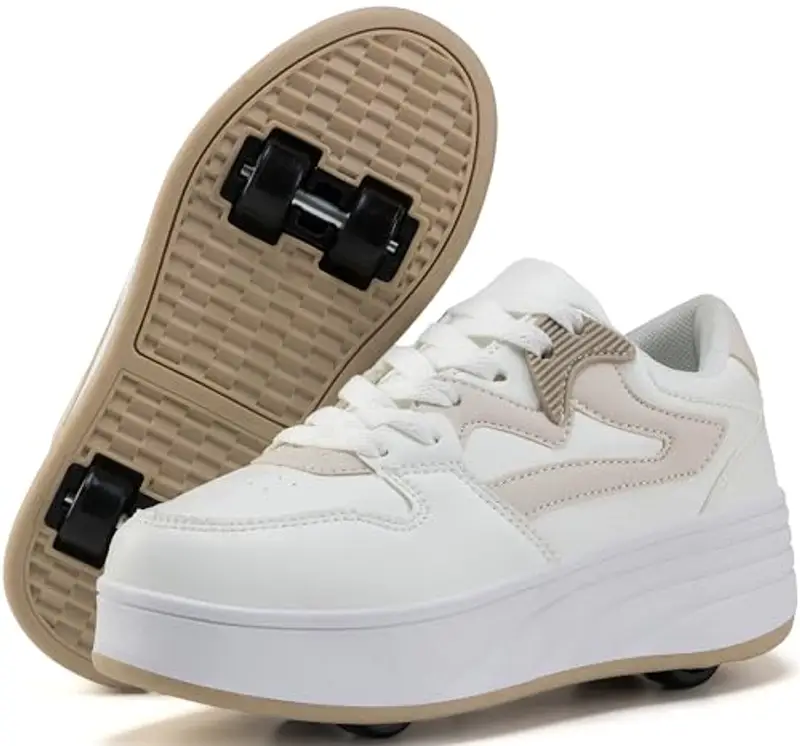 ANEFUN Scarpe sportive per ragazzi e ragazze con ruote rimovibili, Bianco Cachi, 7 Big Kid