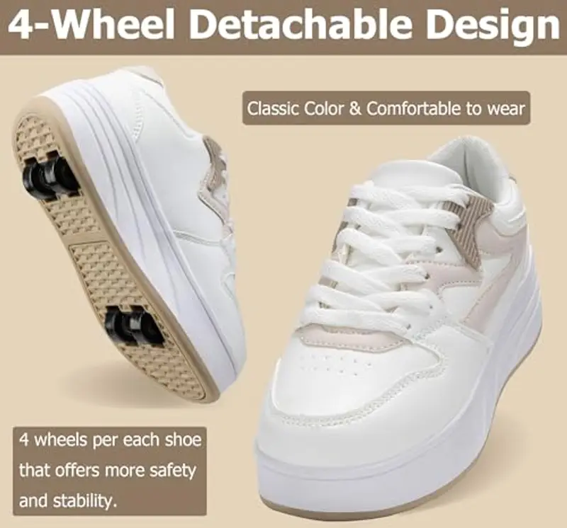 ANEFUN Scarpe sportive per ragazzi e ragazze con ruote rimovibili, Bianco Cachi, 7 Big Kid miniatura 2