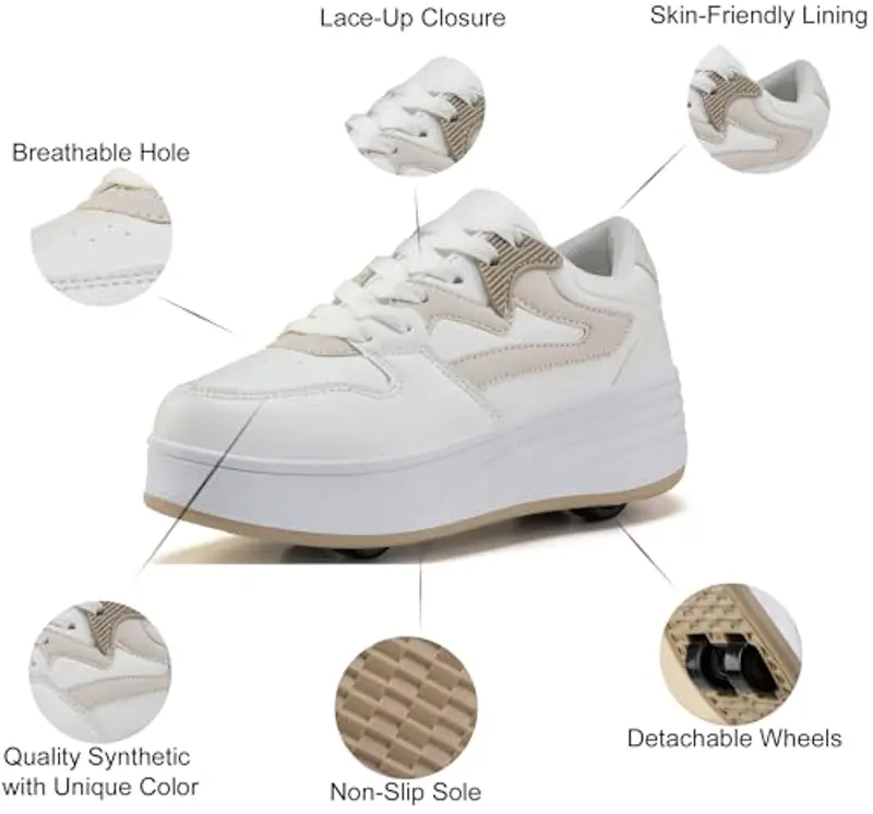 ANEFUN Scarpe sportive per ragazzi e ragazze con ruote rimovibili, Bianco Cachi, 7 Big Kid miniatura 3