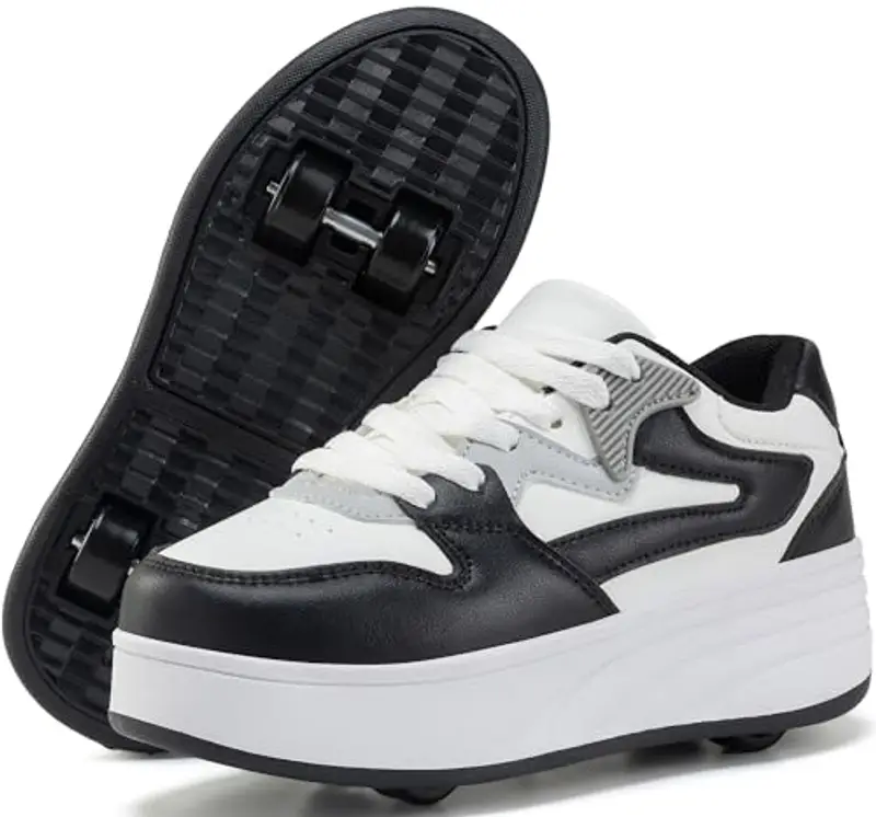 ANEFUN Scarpe sportive per ragazzi e ragazze con ruote rimovibili, Bianco nero, 2 Little Kid
