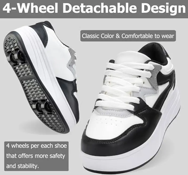 ANEFUN Scarpe sportive per ragazzi e ragazze con ruote rimovibili, Bianco nero, 2 Little Kid miniatura 2