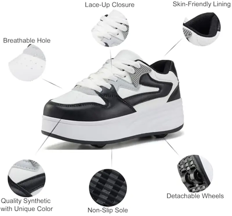 ANEFUN Scarpe sportive per ragazzi e ragazze con ruote rimovibili, Bianco nero, 2 Little Kid miniatura 3