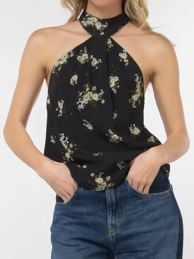 top da donna Aniye By a fiori con scollo all americana NERO
